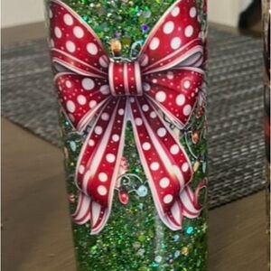 Festive Green Glitter Tumbler with Red Bow